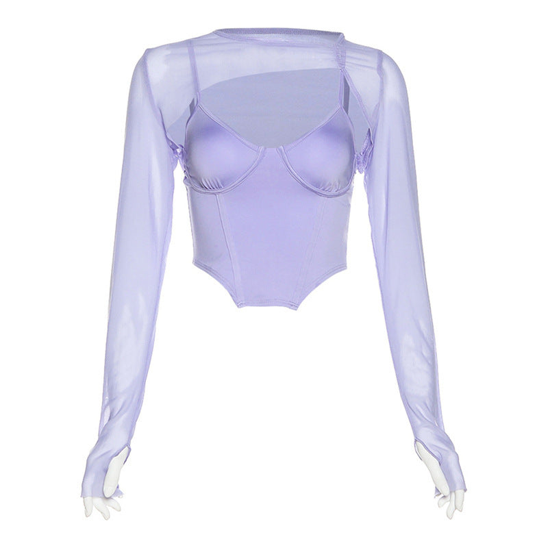 Damen Modisches Longsleeve Oberteil mit transparentem Material und integrierter Unterbruststütze EB
