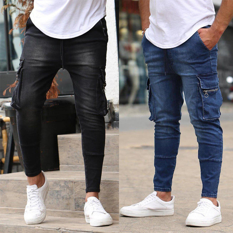 Herren Cargo-Jeans im modernen Slim-Fit Stil mit praktischen Seitentaschen und dekorativen Reißverschlüssen EB