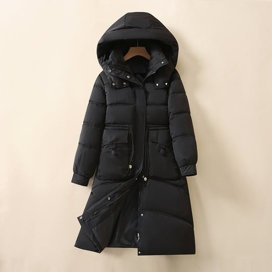 Damen Lange, warme Pufferjacke mit praktischen Taschen und Kapuze EB