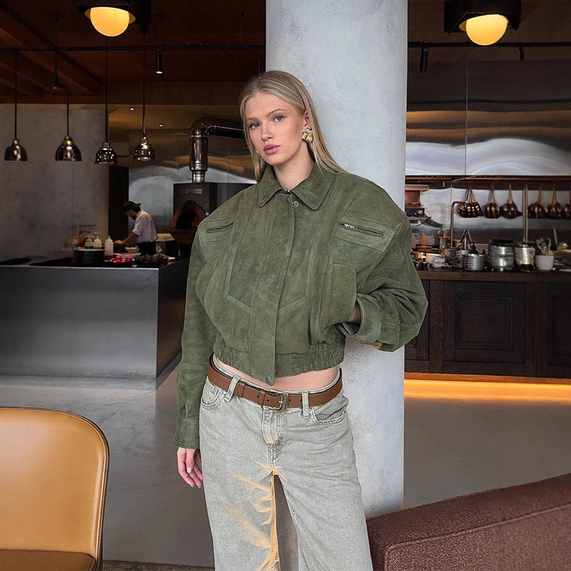 Damen Suede Übergangsjacke im lässigen Stil mit Ballonärmeln EB