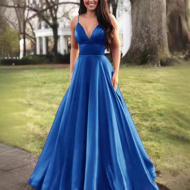 Damen A-Linien Abendkleid mit tiefem Ausschnitt und schmalen Trägern EB