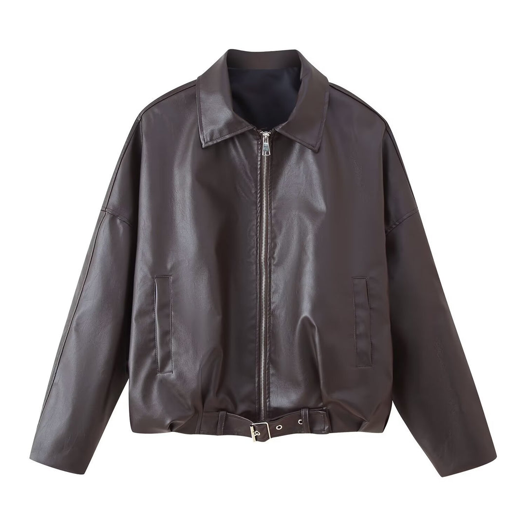 Damen modische Kunstlederjacke mit Taillengürtel EB