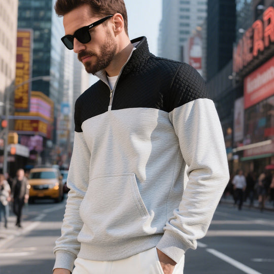 Herren Colorblock-Halbzip-Sweatshirt mit gesteppter Brustpartie, Kängurutasche und elastischen Bündchen EB