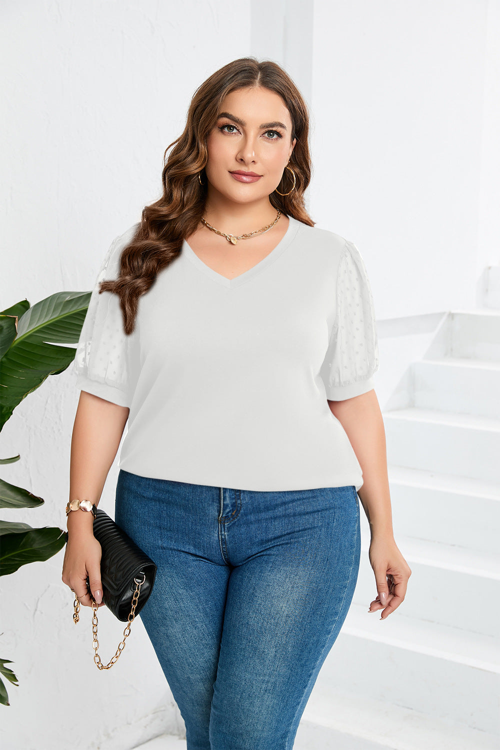 Damen elegantes Blusenshirt mit transparenten Puffärmeln und V-Ausschnitt EB