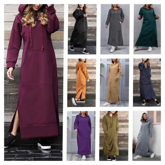 Damen nan langes Kapuzen-Sweatkleid mit Kängurutasche, Seitenschlitzen und lockerer Oversize-Passform EB