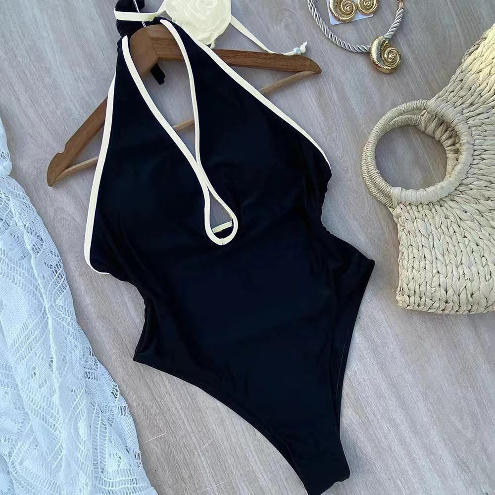 Damen Eleganter Badeanzug mit Hochgeschlossenem Ausschnitt und Blütenakzent EB