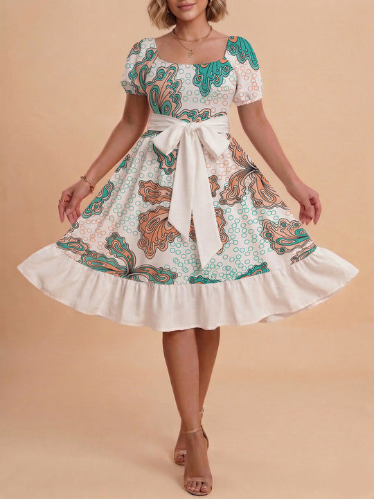 Damen modernes Blumenkleid mit elegantem Taillengürtel und asymmetrischem Saum EB