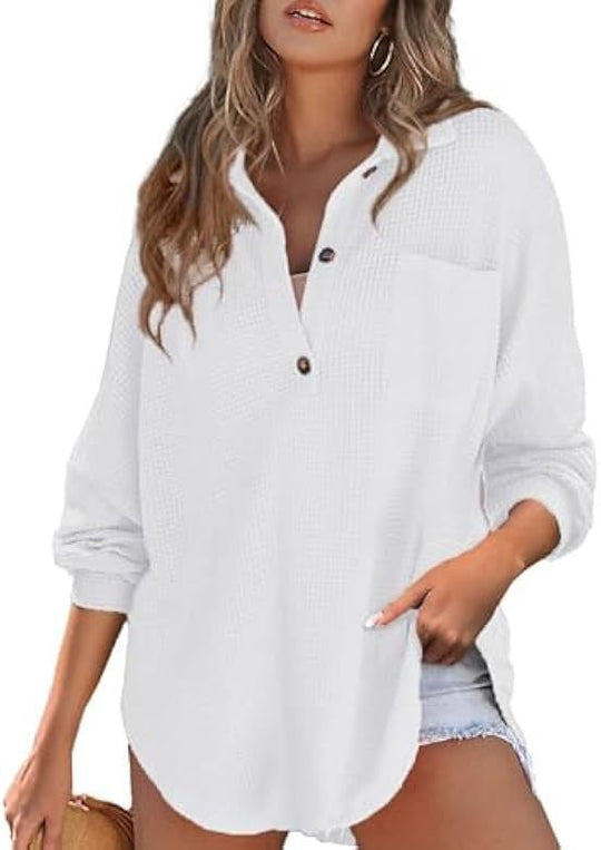Damen nan oversized Waffelpiqué Hemdbluse mit Brusttasche, Knopfleiste und abgerundetem Saum EB