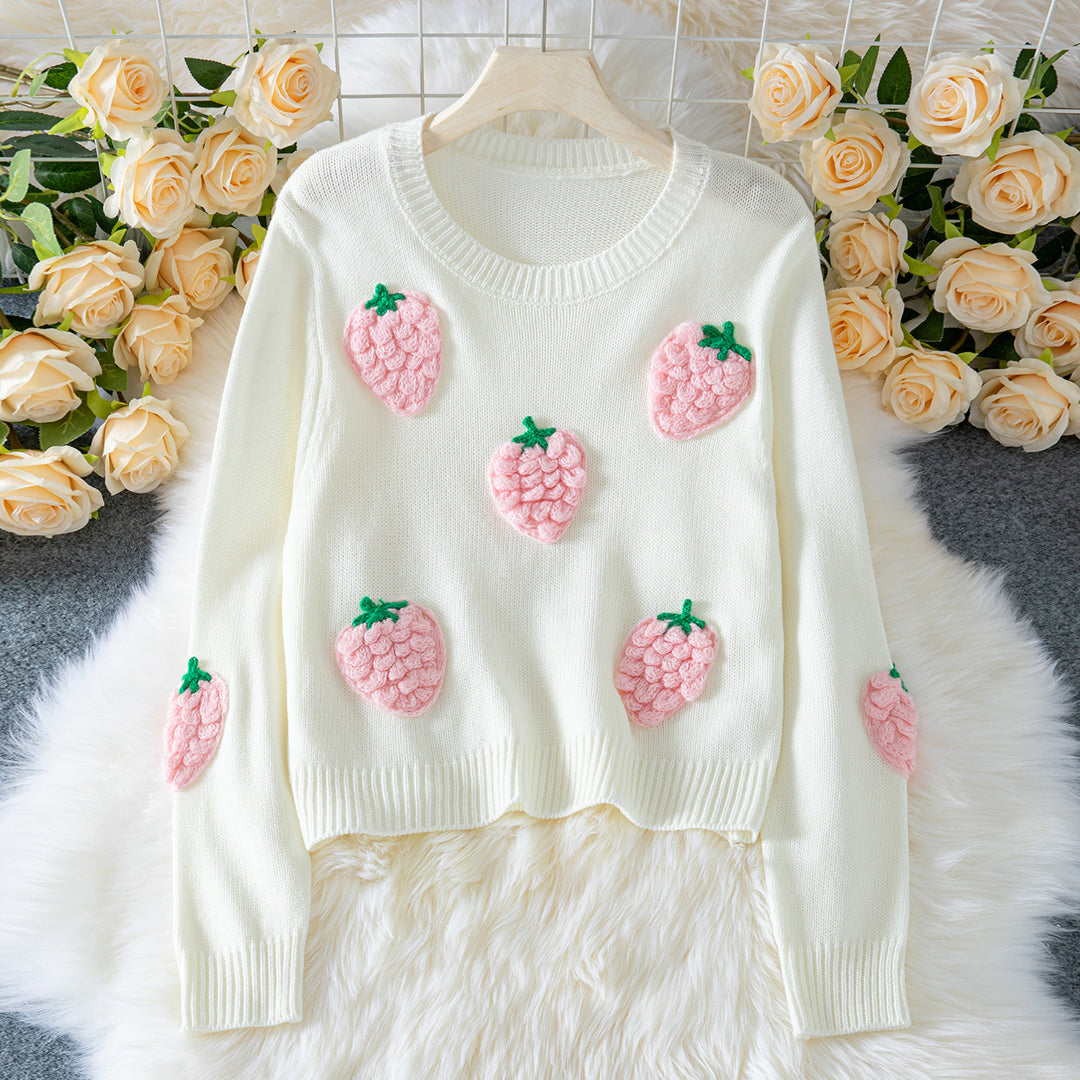 Damen Strickpullover mit Erdbeer-Applikationen und lässigem Schnitt EB