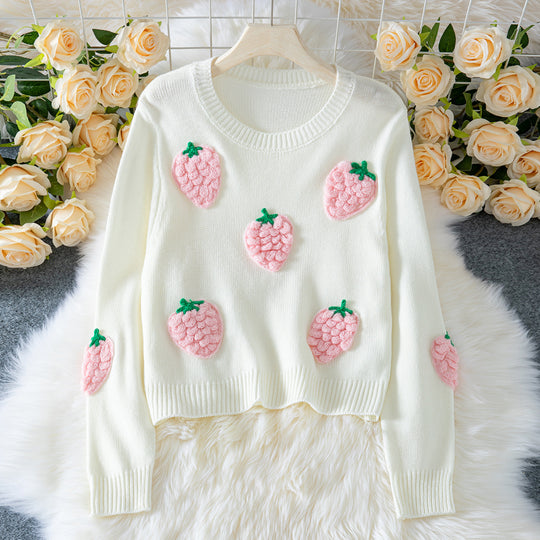 Damen Strickpullover mit Erdbeer-Applikationen und lässigem Schnitt EB