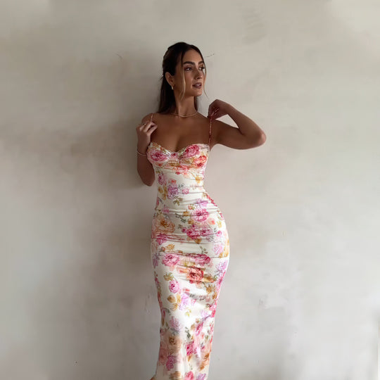 Damen figurbetontes Maxikleid mit floralem Design und elegantem V-Ausschnitt EB