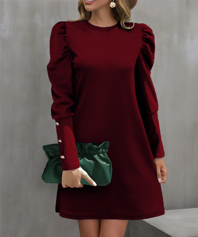 Damen Elegantes A-Linien-Minikleid mit betonten Puffärmeln und Perlenknopf-Ärmelmanschetten EB
