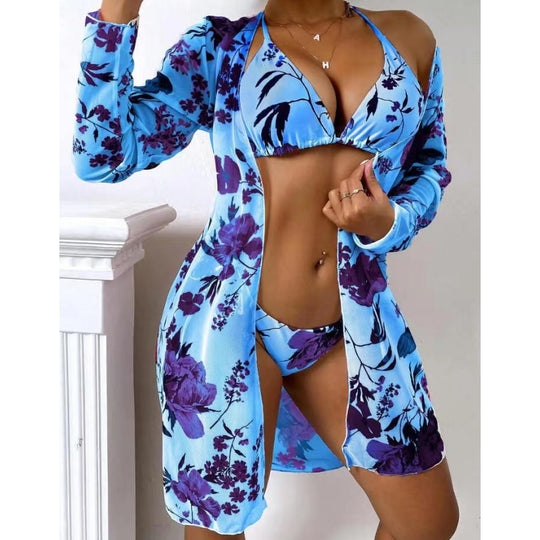 Damen Badeanzug mit transparenter Strandumhüllung und botanischem Druck EB