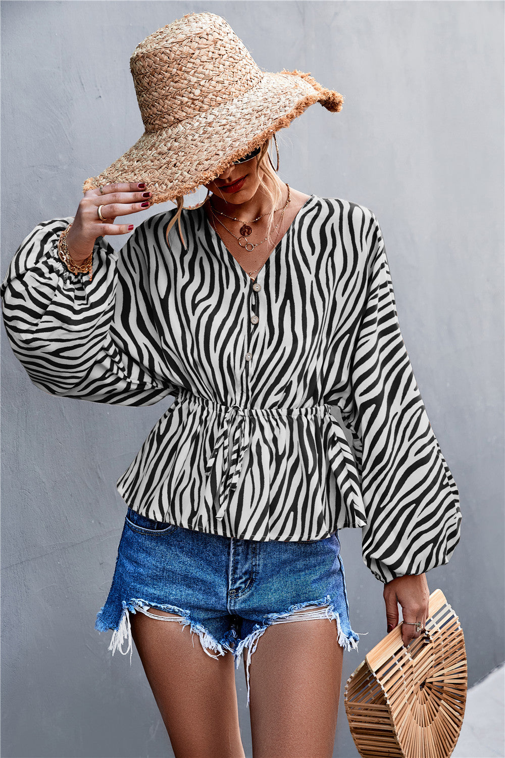 Damen Oversize Bluse mit Zebra-Print und taillierter Raffung EB