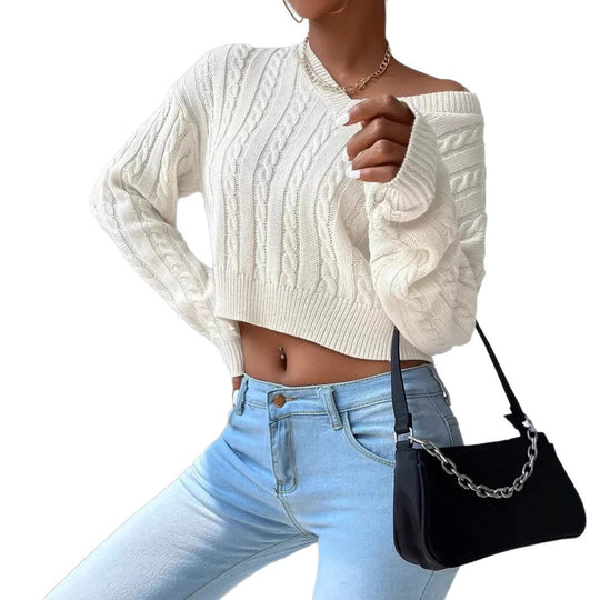 Damen Grobstrickpullover mit V-Ausschnitt und voluminösen Ärmeln EB