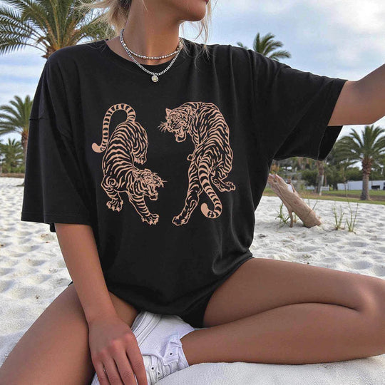 Damen T-Shirt mit einzigartigem Tiger-Design und lockerer Passform EB