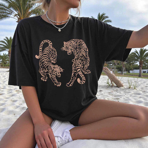 Damen T-Shirt mit einzigartigem Tiger-Design und lockerer Passform EB