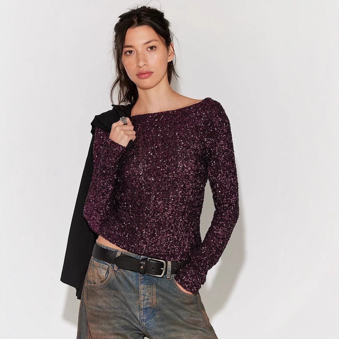 Damen Glitzerndes langärmeliges Feinstrick-Top mit Rundhalsausschnitt EB