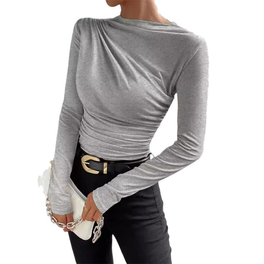 Damen nan gerafftes Langarmshirt mit asymmetrischem U-Boot-Ausschnitt und figurbetonter Silhouette EB