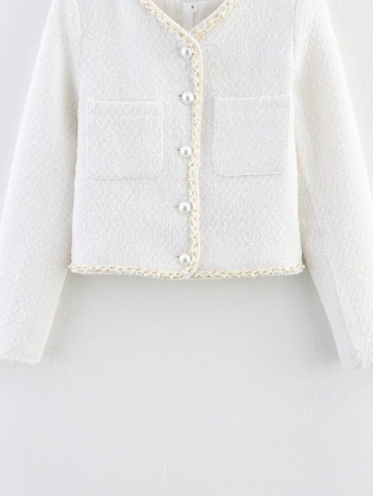 Damen elegante Kurzarmpulloverjacke mit perlverzierten Knöpfen und aufgesetzten Taschen EB