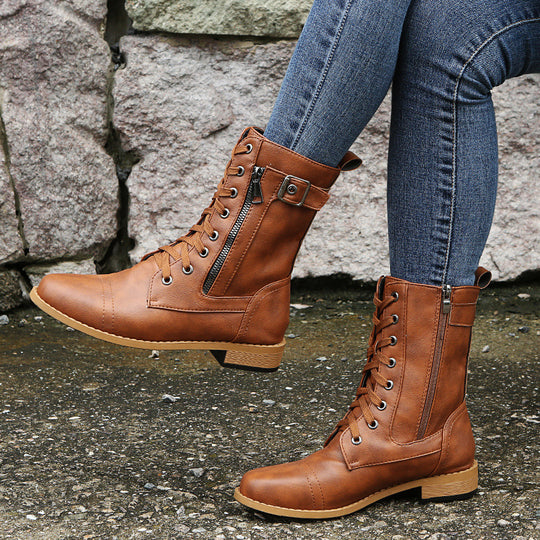 Damen nan knöchelhohe Schnürstiefel aus Lederimitat mit seitlichem Reißverschluss und strapazierfähiger Profilsohle EB