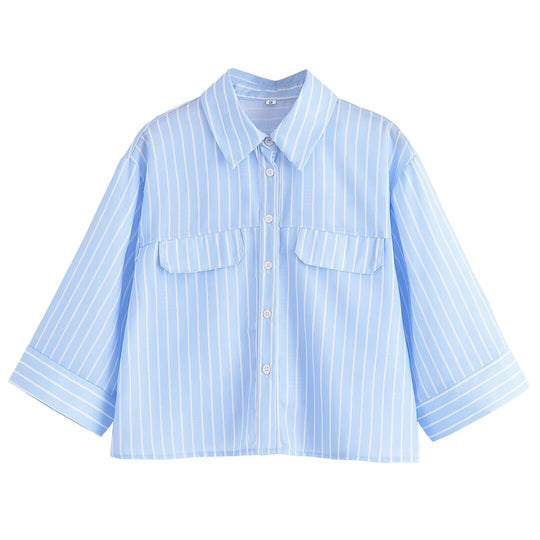 Damen gestreifte Bluse mit übergroßem Schnitt und praktischen Taschen EB