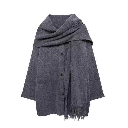Damen stylische Strickjacke mit Schal und Knopfdetails EB