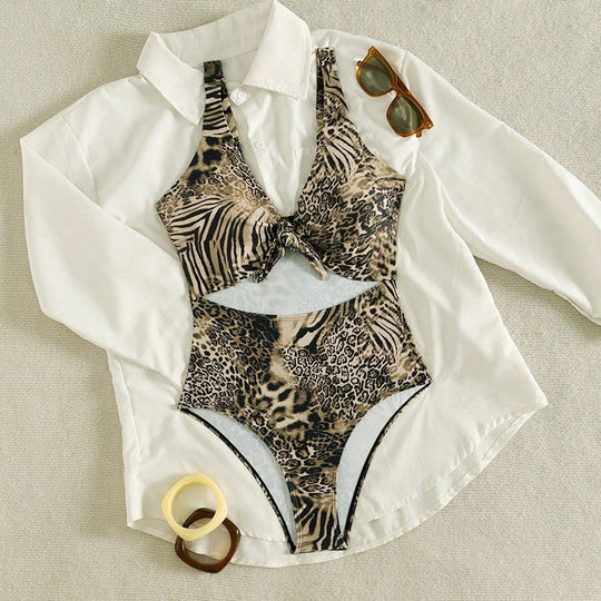 Damen Hochtaillierter Animal-Print Badeanzug EB