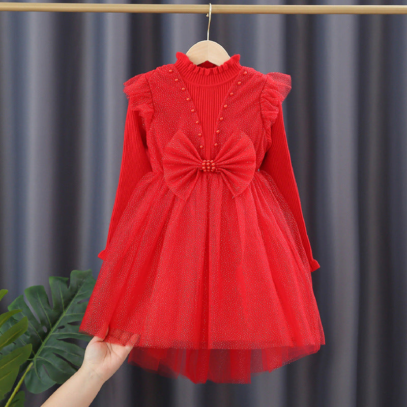 Mädchen Festliches Tüllkleid mit Pailletten und Schleifendetail EB