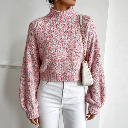 Damen Kurzgeschnittener Oversize-Pullover mit Stehkragen, mehrfarbigem Bouclé-Muster und Ballonärmeln EB