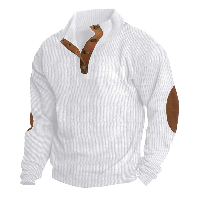 Herren Gerippter Henley-Pullover mit Stehkragen, Knopfleiste & Leder-Ellbogenpatches EB