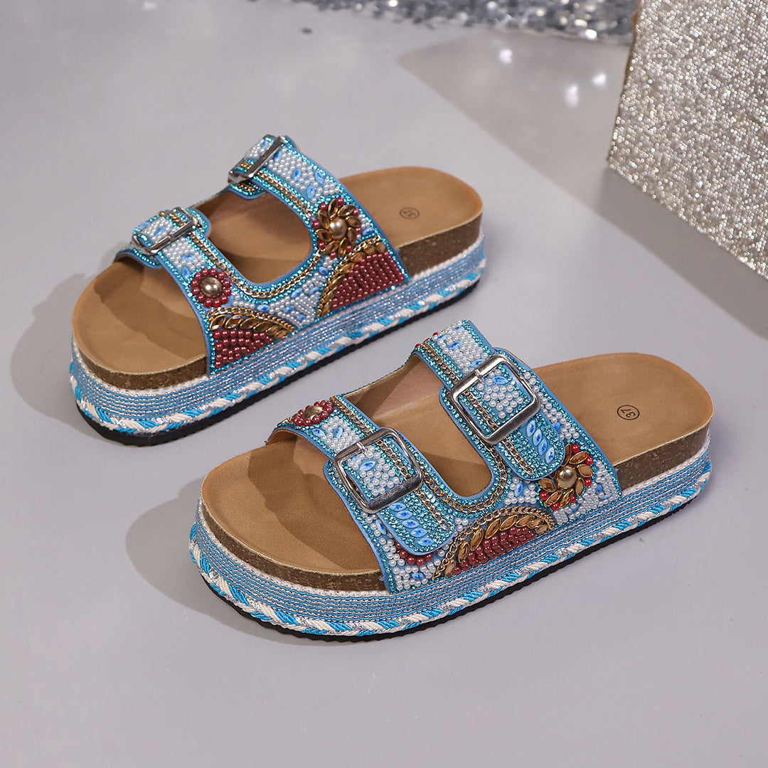Damen Bequeme und modische Platform-Sandalen mit verstellbaren Riemen und bunten Applikationen EB