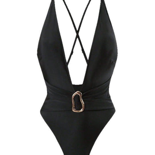 Damen Einteiler Badeanzug mit tiefem V-Ausschnitt und stilvollem Ringdetail EB