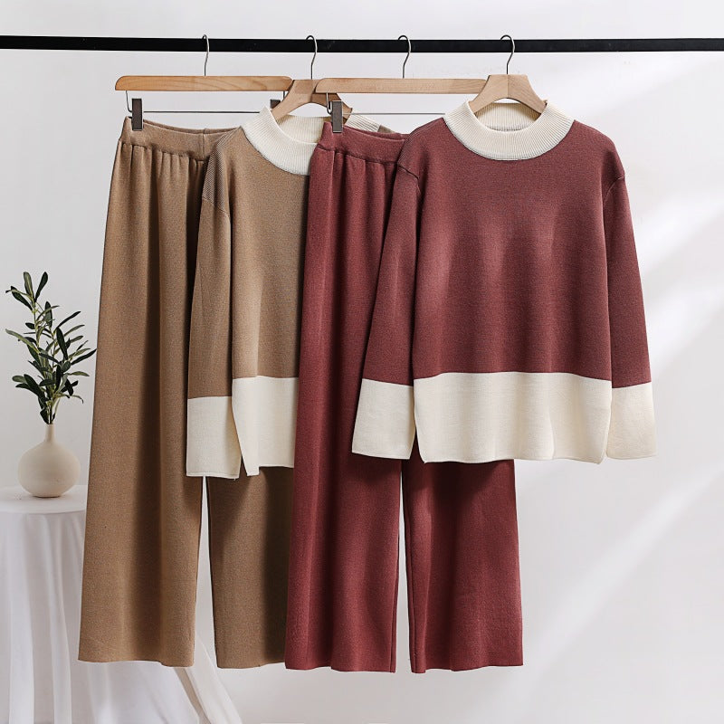 Damen elegantes Strick-Loungewear-Set mit weitem Bund und dekorativem Kragen EB