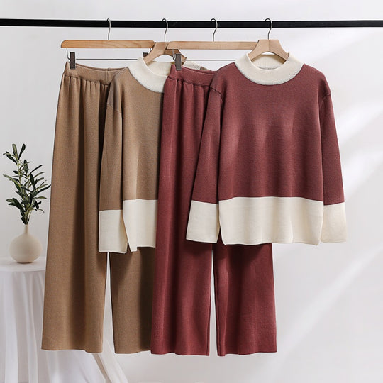 Damen elegantes Strick-Loungewear-Set mit weitem Bund und dekorativem Kragen EB