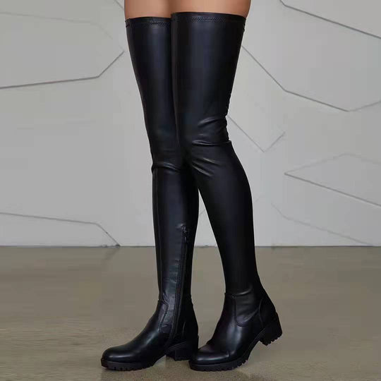 Damen Overknee-Stiefel aus Stretch-Kunstleder mit seitlichem Reißverschluss und robuster Profilsohle EB