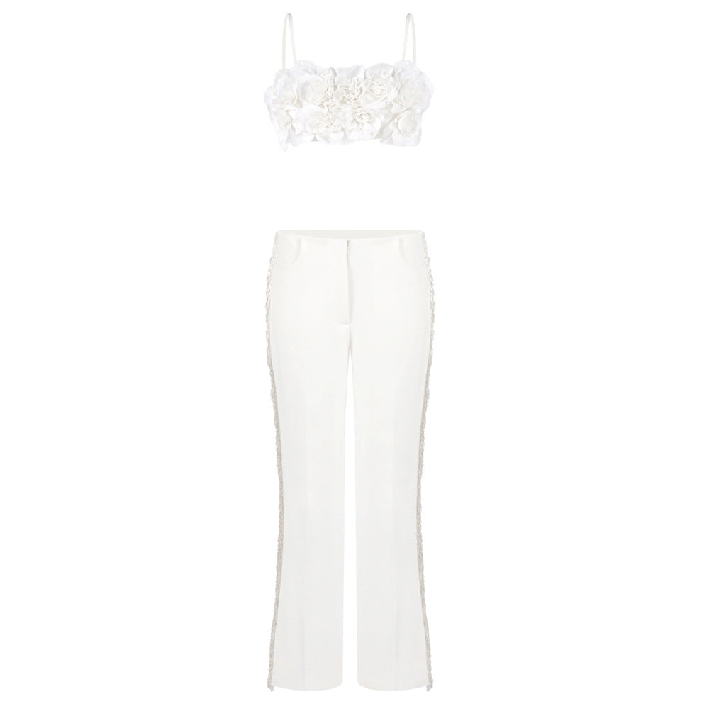 Damen elegantes Oberteil mit floralen Applikationen und schmalem Hosenanzug EB