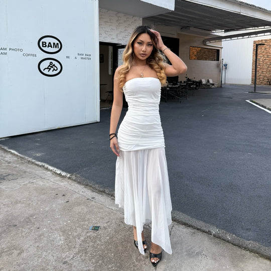 Damen Longdress mit raffinierten Falten und elegantem Chiffon-Einsatz EB