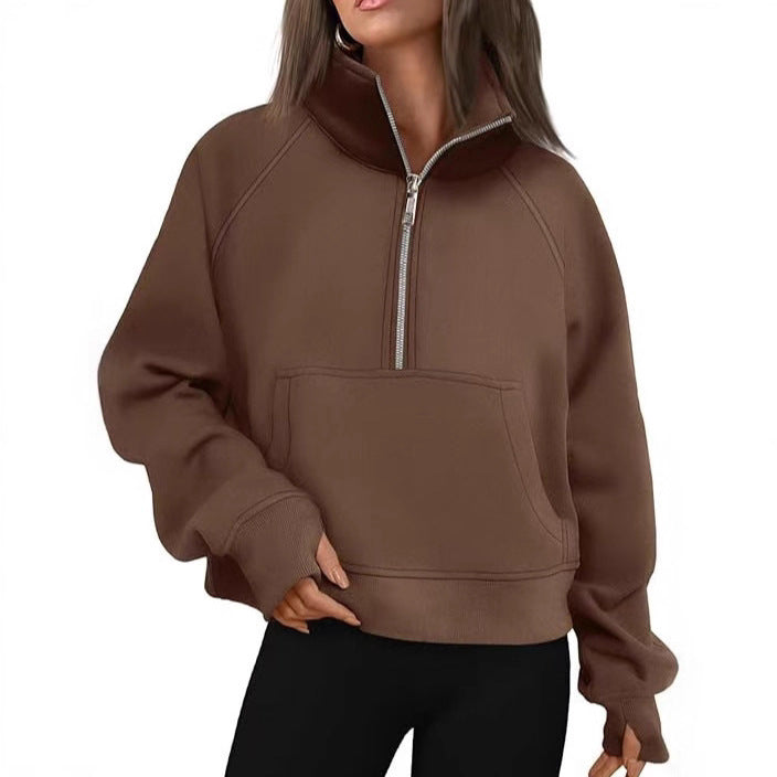 Damen nan oversized Halbzip Pullover mit Kängurutasche, Daumenlöchern und hohem Kragen EB