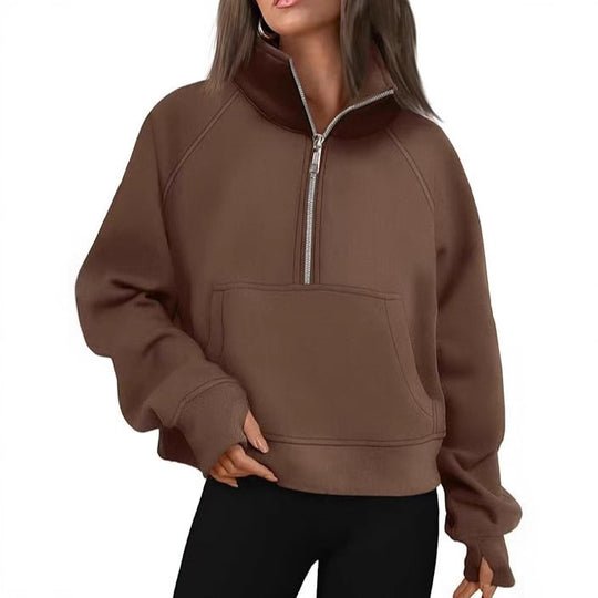 Damen nan oversized Halbzip Pullover mit Kängurutasche, Daumenlöchern und hohem Kragen EB