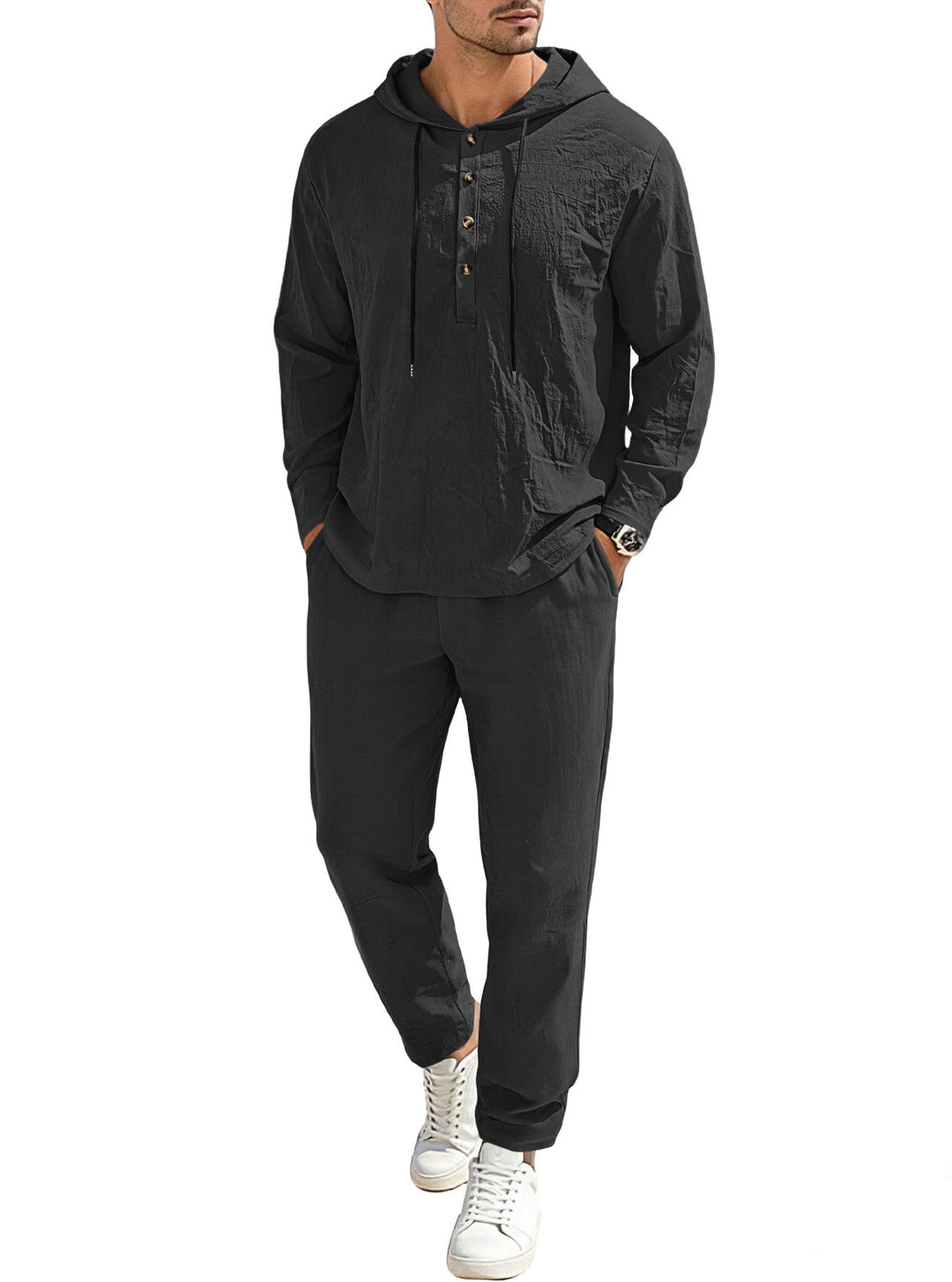 Herren nan entspannter Kapuzen-Henley Freizeitanzug aus leichter Baumwollmischung in Leinenoptik mit Kordelzug und elastischer Bundhose EB