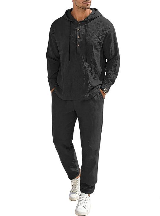 Herren nan entspannter Kapuzen-Henley Freizeitanzug aus leichter Baumwollmischung in Leinenoptik mit Kordelzug und elastischer Bundhose EB