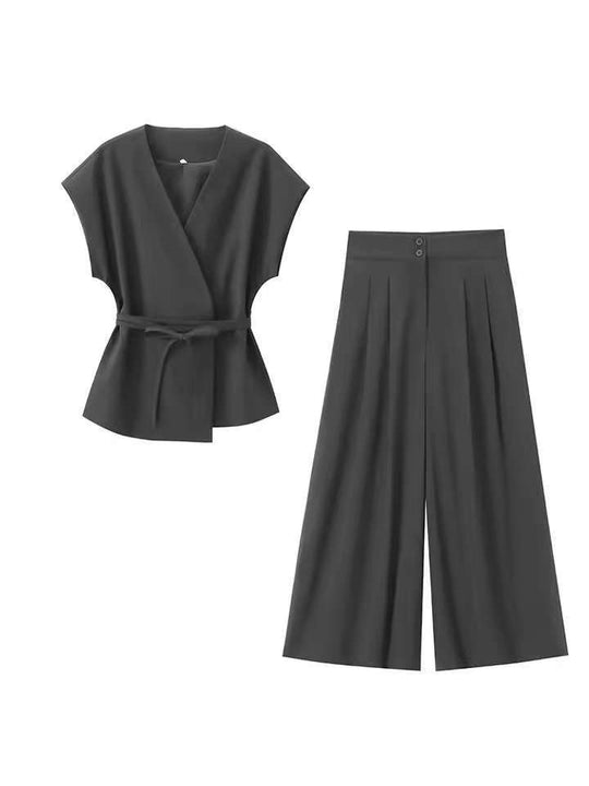 Damen elegantes Wickeloberteil und weite Palazzo-Hose Set EB