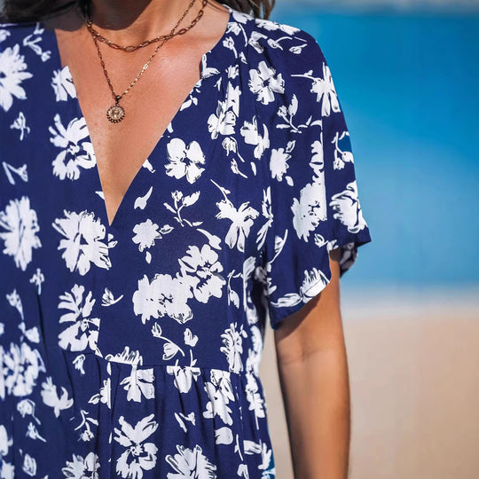 Damen verspieltes Sommerkleid mit V-Ausschnitt und luftigen Ärmeln EB