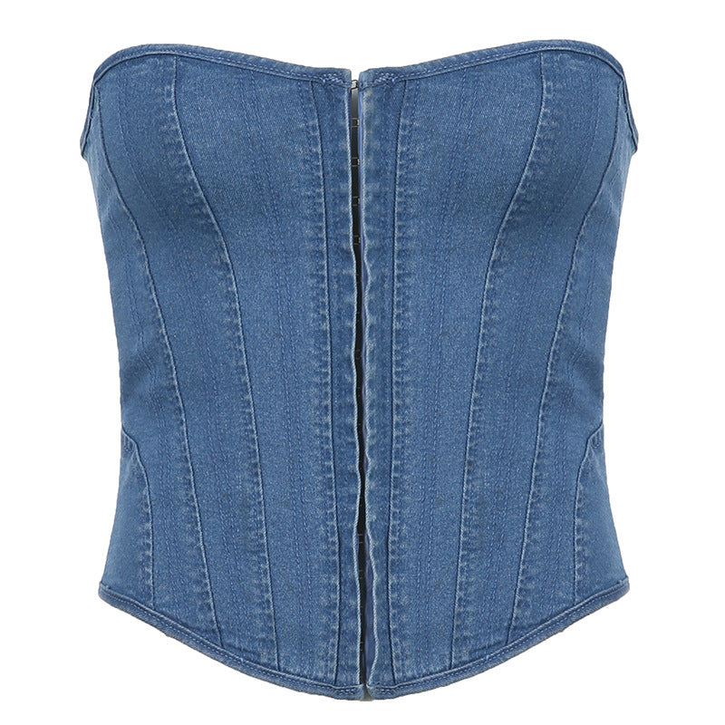 EB | Schlankes Denim-Röhrentop mit Wellenkragen und Fischgrät