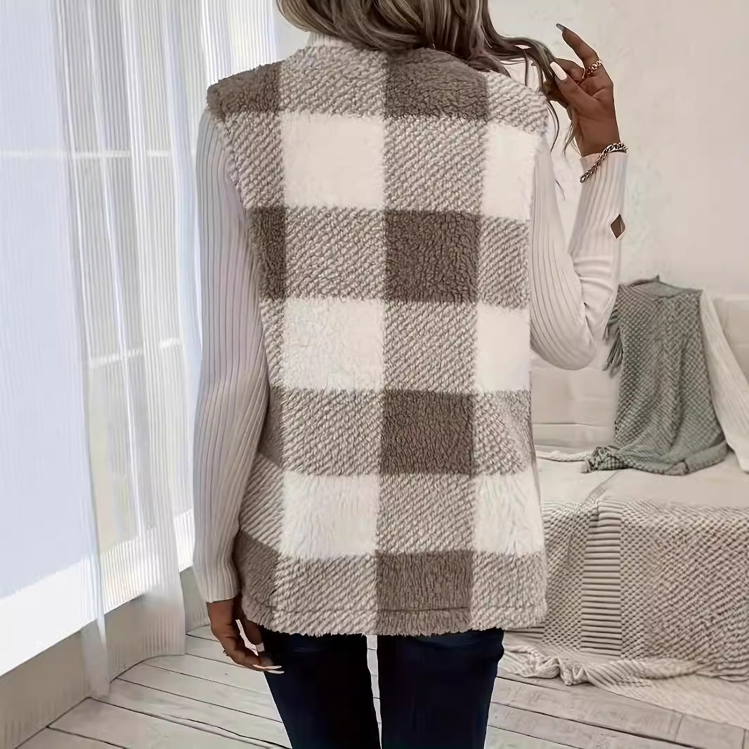 Damen Flauschige Weste mit Karomuster und Taschen EB
