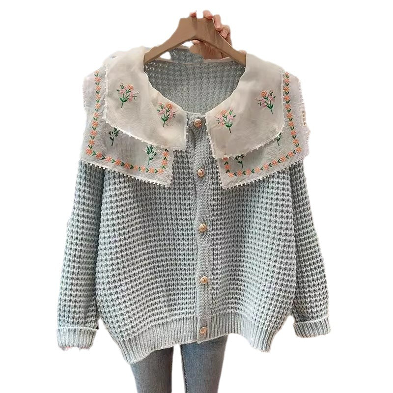 Damen gestickterCardigan mit weit geschnittenem Kragen EB