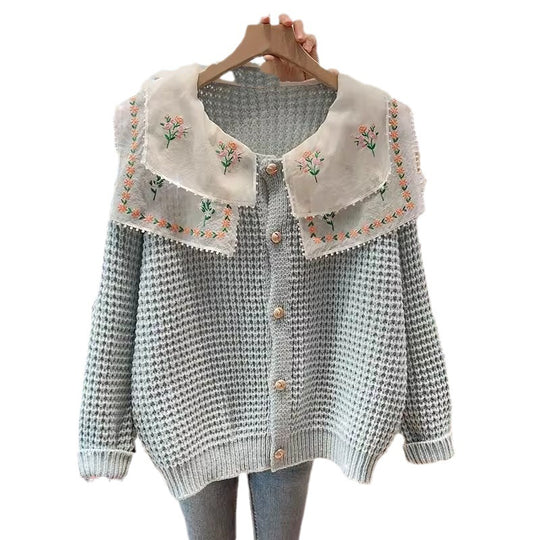 Damen gestickterCardigan mit weit geschnittenem Kragen EB