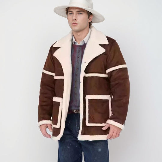 Herren kuscheliger Lammfellmantel mit großzügigen Taschen und elegantem Kragen EB