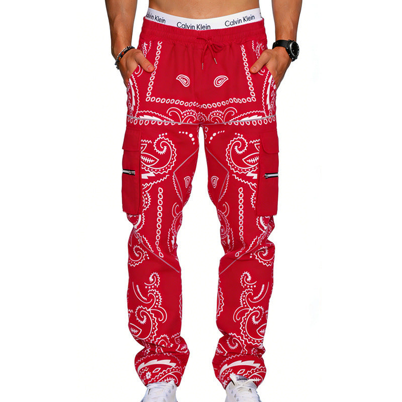 Herren Cargo-Hose mit Bandana-Print, elastischem Bund und Zipper-Taschen EB
